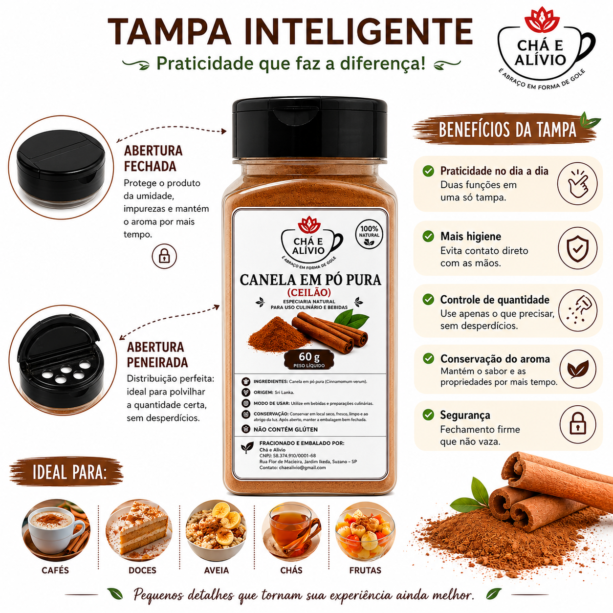 Chá e Alívio Canela em Pó Pura Ceilão 100% Natural, 60g - Imagem 3
