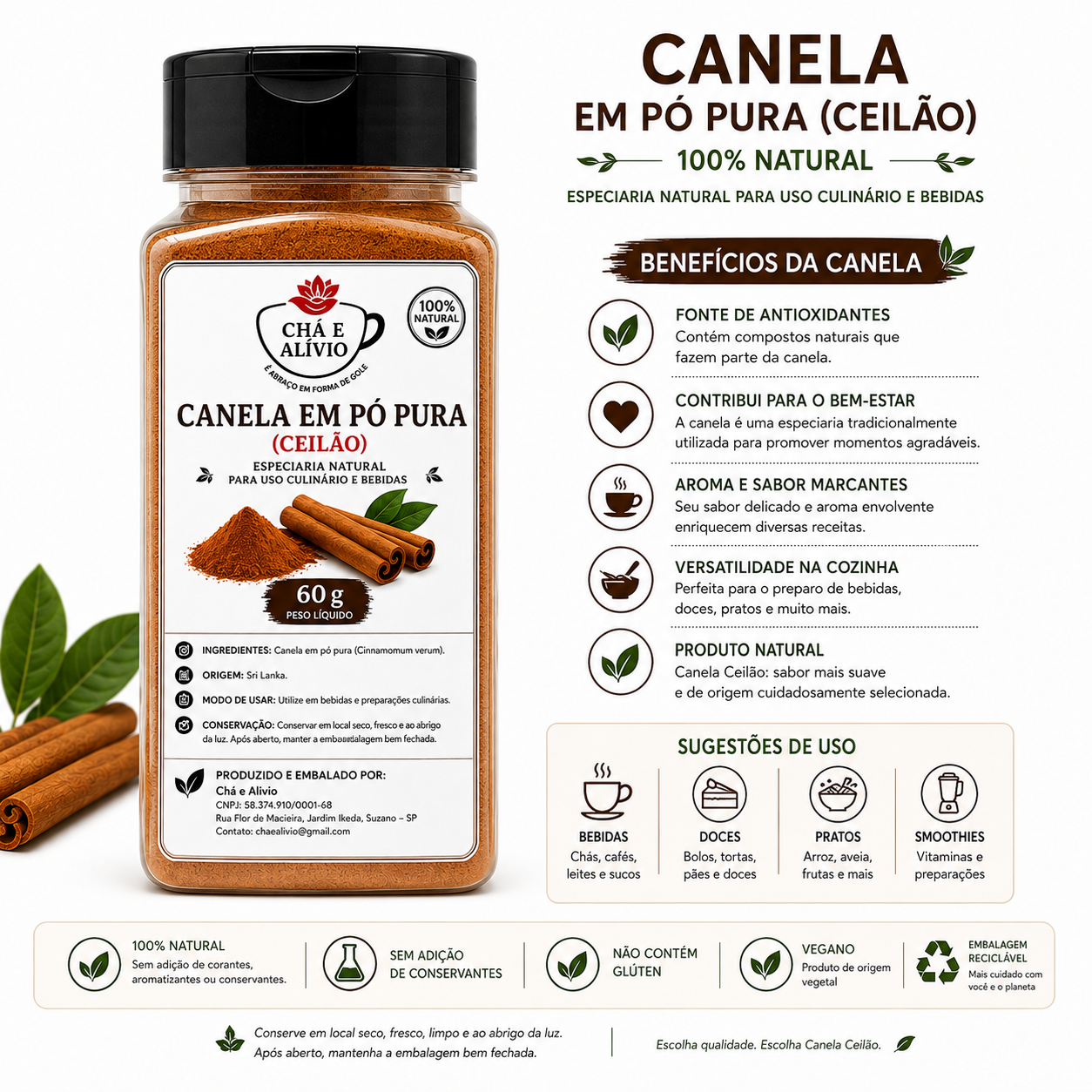 Chá e Alívio Canela em Pó Pura Ceilão 100% Natural, 60g - Imagem 2